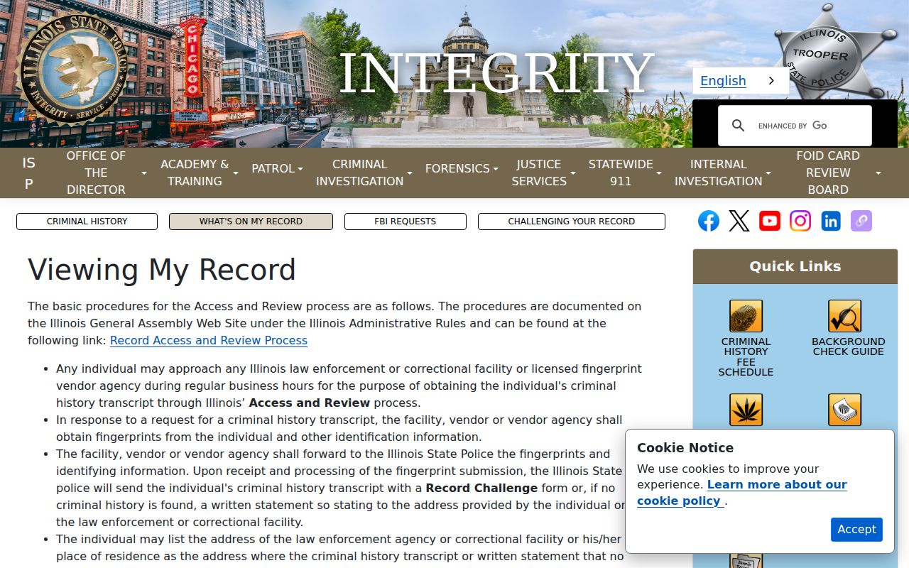 Illinois State Police Access and Review instructions for a personal record