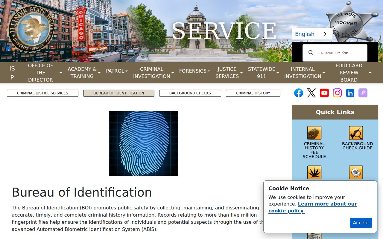 Illinois State Police Bureau of Identification criminal history page