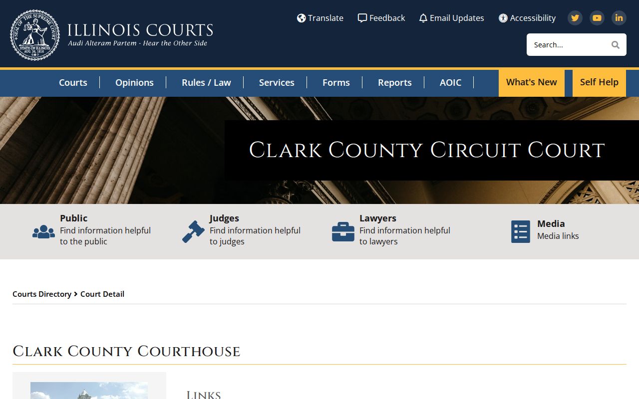 Illinois Courts directory listing for Clark County Courthouse